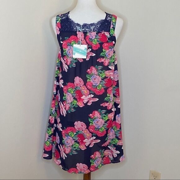 NEW In Bloom Navy & Pink Floral Lace Dress Medium - Picture 4 of 8
